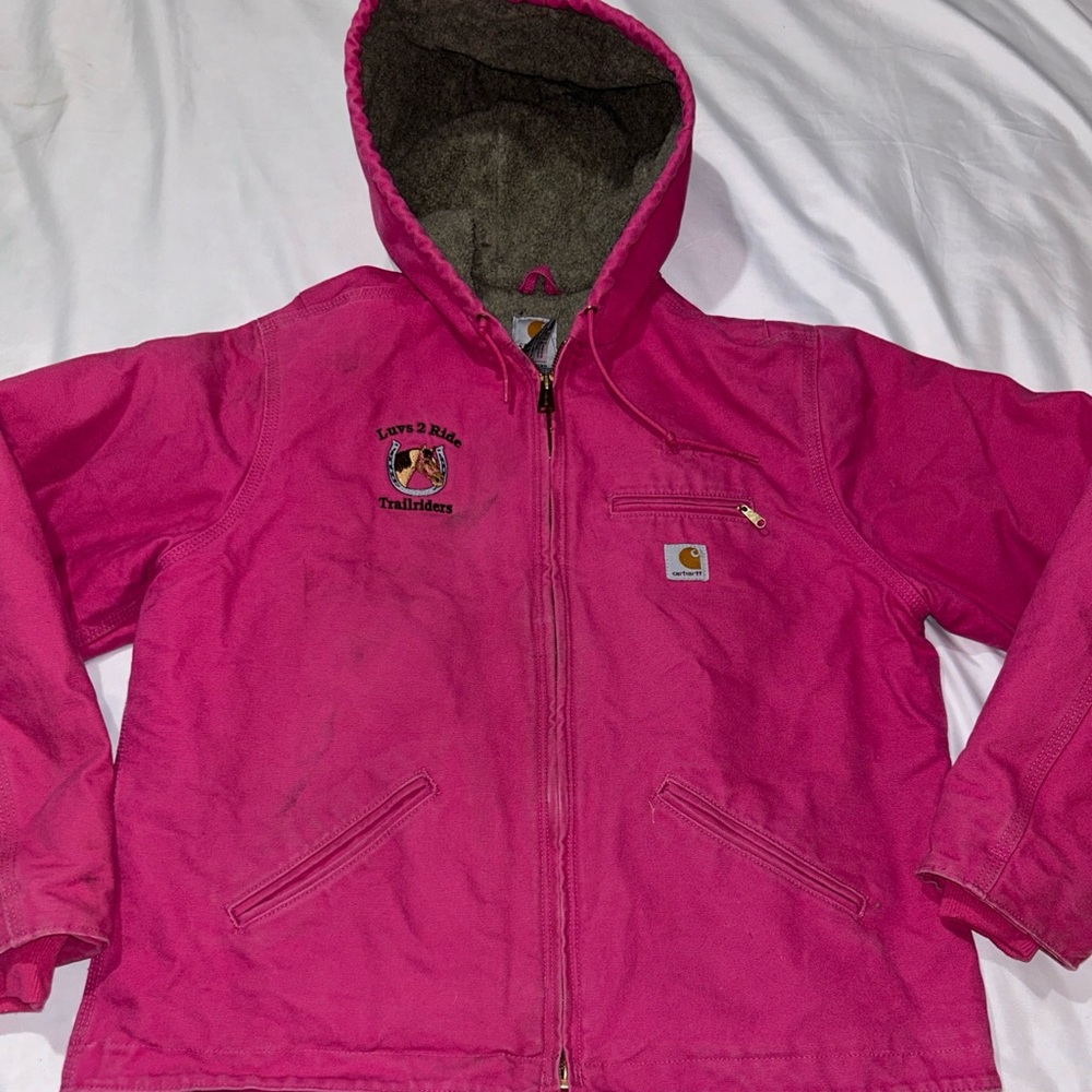 Sherpa Lined Vintage Pink Hooded Work Canvas Jacket Coat 14806 Women XL.  READ